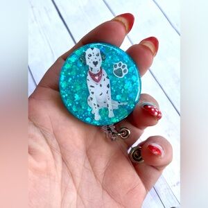 Blue Dalmatian Dog Glitter Handmade Resin Badge Reel